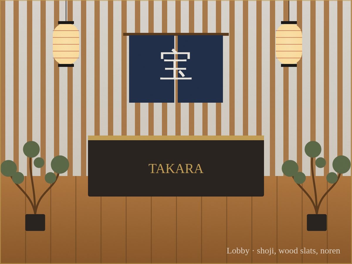 Takara Hotel lobby with shoji doors and natural wood